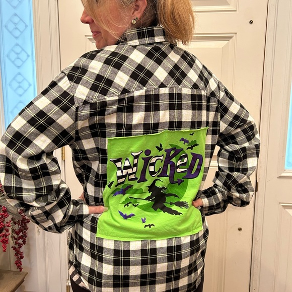 Upcycled FlannelOriginal Use Black and Green Plaid Shirt Green Wicked Graphic - Picture 1 of 2